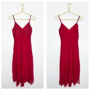 Vintage Y2K Red Beaded Asymmetrical Hem Midi Dress Medium Fairy Whimsigoth 90s